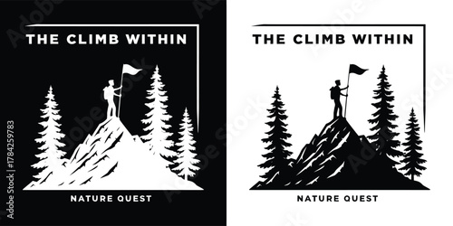 Silhouette of a hiker standing on a mountain peak with a flag, representing the climb within and nature quest in a black and white design