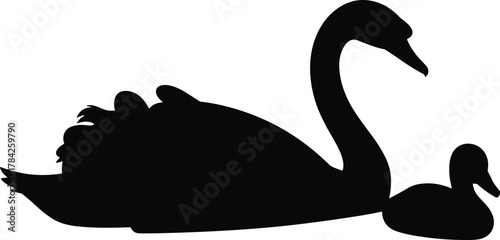 Silhouette of parent swan with chicks and smaller swan facing each other for nature, family bonding, and illustration design use