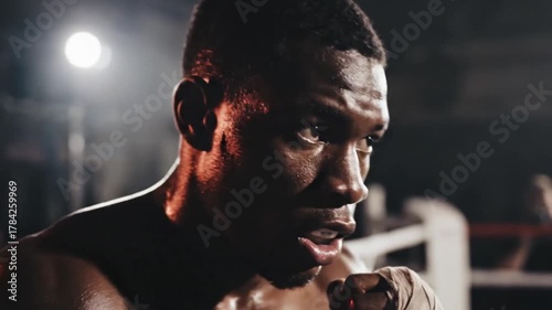 Intense Boxer Training in Dark Ring Focus and Determination.
