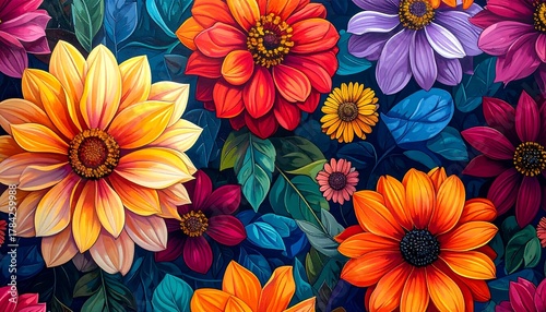 Vibrant Floral Symphony - A Colorful Garden of Artistic Blooms.