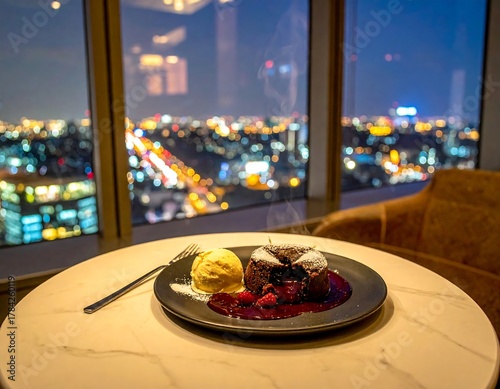 Gourmet dessert plate with chocolate cake and ice cream in a restaurant setting