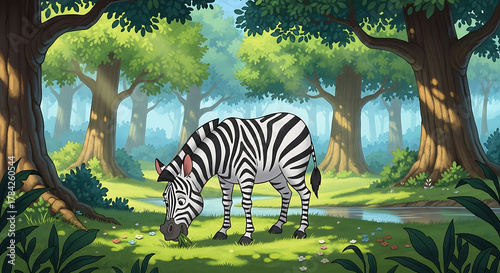 A zebra grazes in a sunlit forest clearing surrounded by tall trees lushleaves and peaceful wildlife