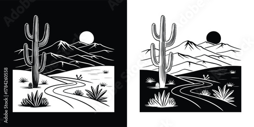Black and white illustration of a desert landscape with a saguaro cactus, mountains, a winding road, and a sun, isolated on white background