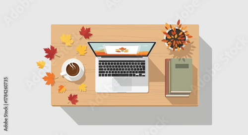 Cozy autumn workspace inspiration with laptop, coffee, fall leaves, and books ready for creative projects, perfect for seasonal content and design