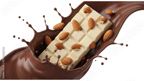 Vector illustration of white chocolate bar with almonds splashing into dark chocolate on a white background