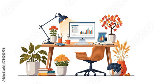 Stylish workspace with data analytics on screen, cozy chair, and fall foliage, perfect for boosting productivity and inspiring creativity in business settings
