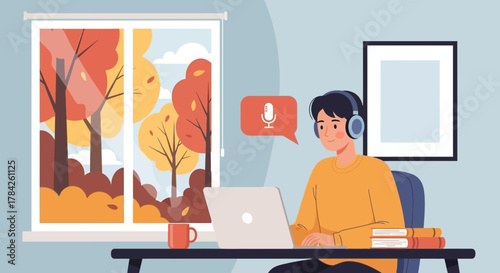 Cheerful man with headset at desk, working from home, podcasting, autumn leaves outside window, modern workspace, cozy feel, streaming content creation