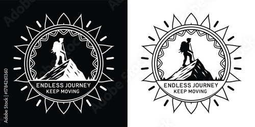 Silhouette of a hiker standing on a mountain peak with a sunburst and the text endless journey keep moving in a circular emblem