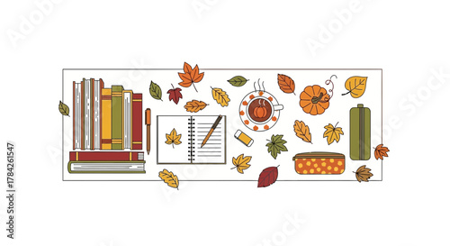 Cozy autumn study scene with books, journal, and hot pumpkin spice latte for a relaxing break, perfect for seasonal projects and educational content