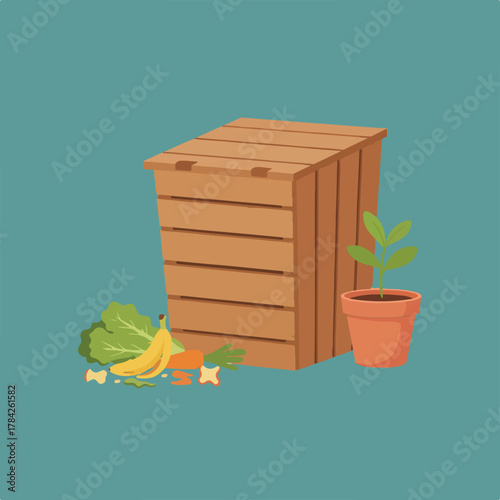 This image shows a wooden compost bin with food scraps next to it, and a potted plant nearby on a teal background.