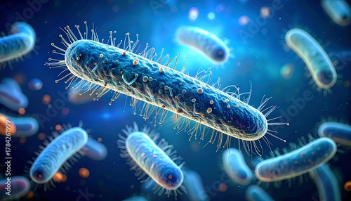 Detailed Microscopic View of Bacteria with Flagella in Blue Light.