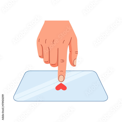 Hand touching heart icon on digital tablet screen. Online dating and love concept.
