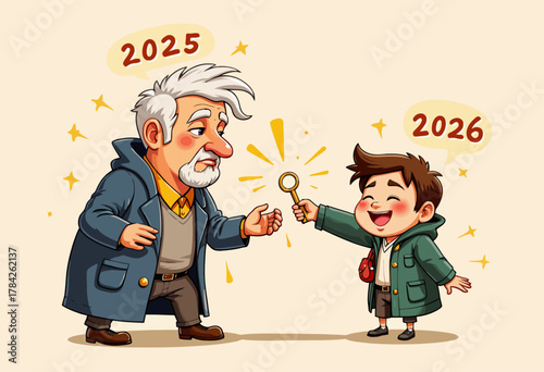 An Elderly Man and a Joyful Child Engage in a Generational Exchange with a Golden Key, Highlighting the Passage of Time from 2025 to 2026