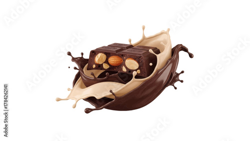 Vector illustration of a rich dark chocolate bar with almonds and a splash of milk chocolate on a white background