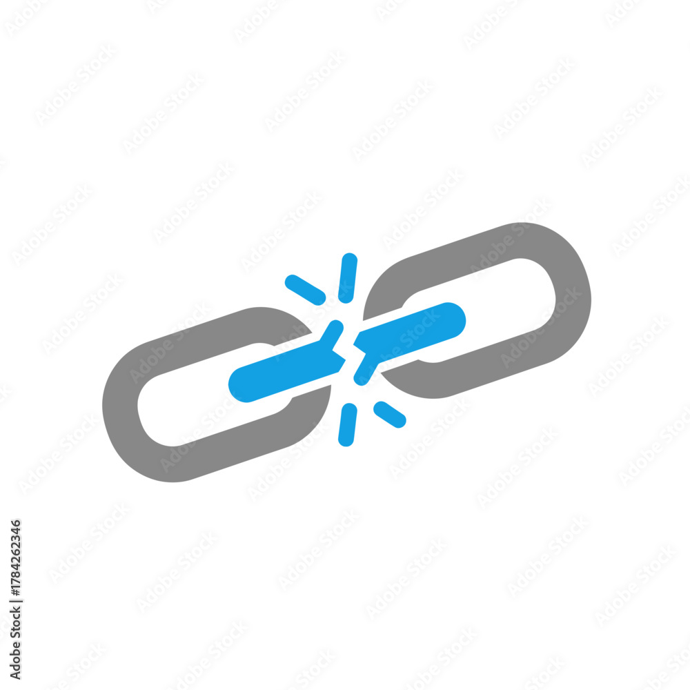 Fototapeta premium Broken chain link in gray and blue, symbolizing failure, disconnection, and vulnerability.