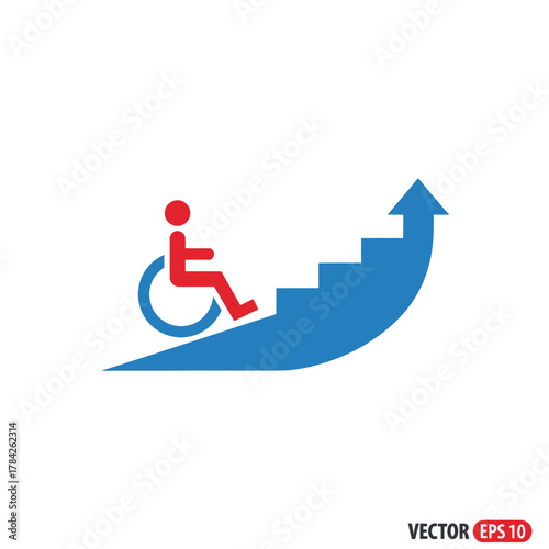 Disabled person in wheelchair on stairs with arrow up. Barrier free environment concept.