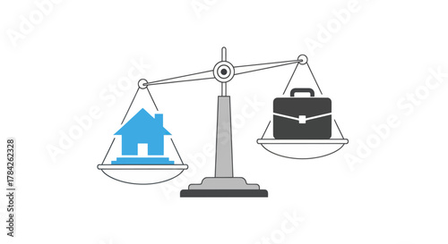Work and life balance on scales with house and briefcase. Business concept. Vector.