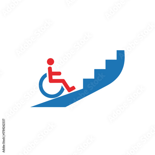 Person in wheelchair going down stairs, blue and red vector icon. Accessibility concept.