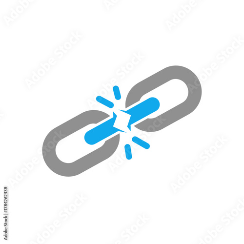 Broken chain link in blue and gray. Symbolizes disconnection, failure, or vulnerability.