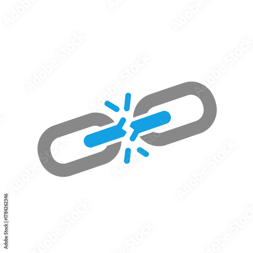 Broken chain link in gray and blue, symbolizing failure, disconnection, and vulnerability.