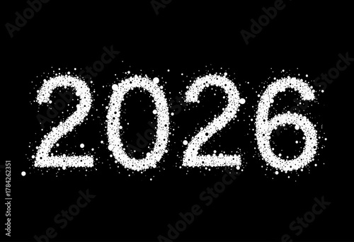 Glittering Digital Art of the Year 2026 in White Particles on a Black Background Capturing Futuristic and Celebratory Themes