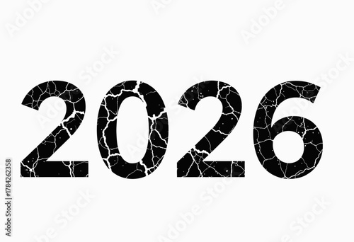 Image Featuring the Year 2026 Highlighted with a Cracked, Shattered Texture in Bold Black Against a White Background, Representing a Futuristic or Uncertain Theme