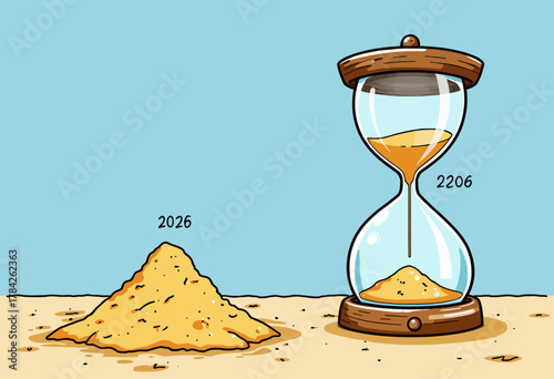 Time's Passage Illustrated by Hourglass Draining Sand with Significant Years Marking a Pile of Sand Beside it on a Simple Background