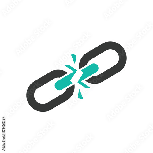 Broken chain link with cracked pieces. Symbolizes weakness, vulnerability, failure.