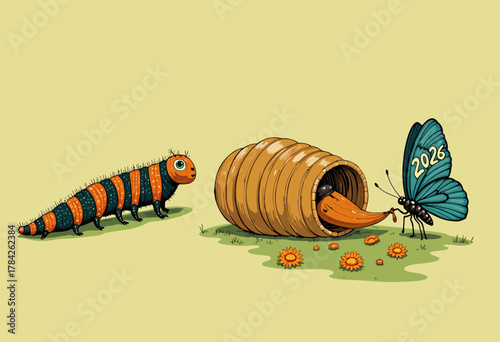 Transformation Journey of a Vibrant Caterpillar into a 2026 Butterfly Emerging from a Wooden Cocoon on a Sunny Day