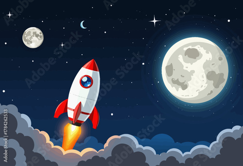 Illustration of a Red and White Rocket Launching into a Starry Night Sky with a Bright Full Moon and Stars Surrounded by Clouds