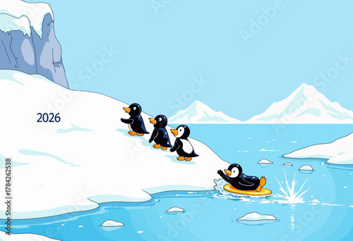 Joyful Penguins Engaging in Playful Activities on an Icy Snowy Slope Overlooking a Crystal Clear Blue Ocean in a Serene Polar Scene
