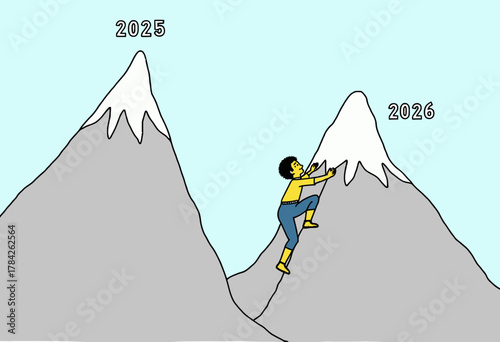A Cartoon Figure Climbing a Mountain Towards the Future Year, Symbolizing Progress and Overcoming Challenges to Reach New Heights
