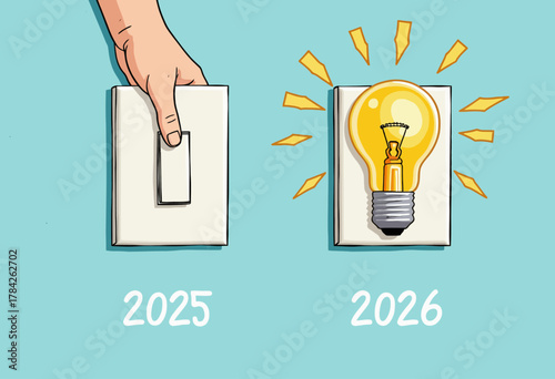 Illustration Showing Transition from Traditional Light Switch in 2025 to Innovative Light Bulb Concept in 2026 Representing Future Innovation
