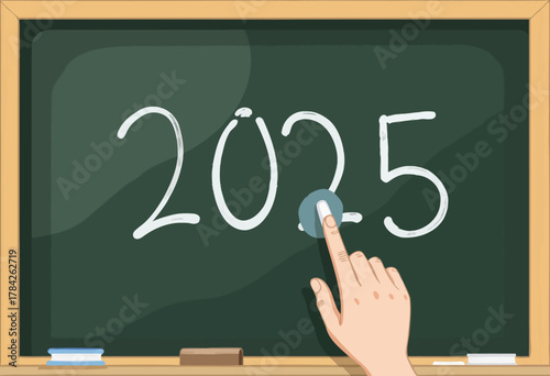 A hand erasing the number '2025' written in chalk on a traditional classroom blackboard, symbolizing change, transition, or planning for the future