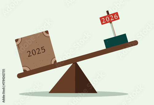 Illustration of a Seesaw Displaying an Imbalance Between the Years 2025 and 2026 Using Physical Objects Symbolizing the Transition Over Time