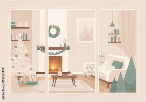 Interior scene of a cozy living room decorated for the Christmas holiday season, viewable through a window.