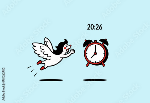 Cartoon angel flying towards an alarm clock showing time against a simple, minimalistic blue background capturing the essence of urgency and determination