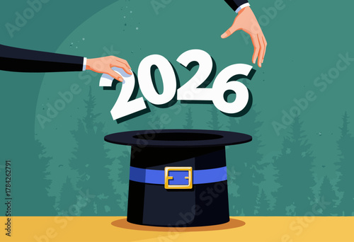 Illusion of the Future: Magician Conjures Mystical Vision with Top Hat Revealing the Year 2026 in Enchanting Forest Setting