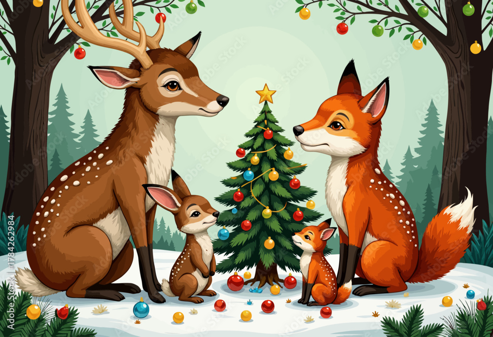 Fototapeta premium Charming Forest Scene with Deer, Foxes, and Rabbits Celebrating Festive Season Around Decorated Christmas Tree Amidst Snow-Covered Ground