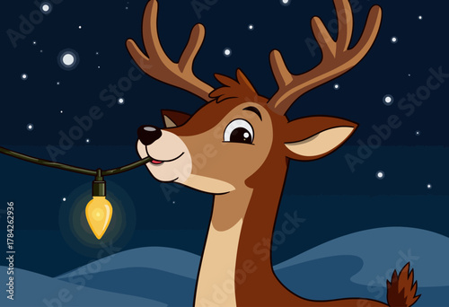 Illustrated deer with antlers holding a glowing bulb under a starry night sky as winter landscape stretches in the background