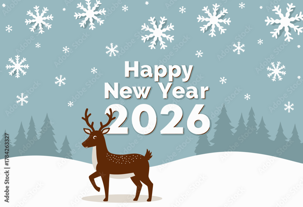 Obraz premium Festive Winter Scene with Deer and Snowflakes Celebrating Arrival of New Year 2026 in a Serene, Snowy Landscape with Pine Trees and Clear Sky