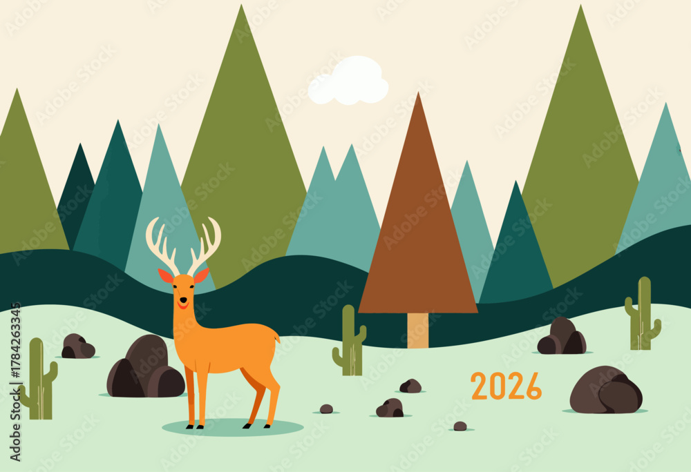 Naklejka premium Illustrated Scene Featuring a Deer Standing Near Trees and Rocks with Geometric Mountain Background and Year 2026 in Natural Landscape