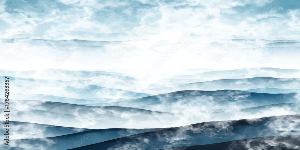 Fototapeta premium Abstract watercolor depiction of ocean waves in calming blue tones. rolling hills shrouded in fog, soft focus background, overcast sky creating a serene atmosphere.Beautiful seascape with waves.