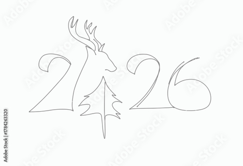 Minimalistic illustration featuring deer and tree symbols creatively integrated into the year number 2026 design on a clean white background