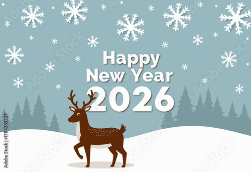 Festive Winter Scene with Deer and Snowflakes Celebrating Arrival of New Year 2026 in a Serene, Snowy Landscape with Pine Trees and Clear Sky