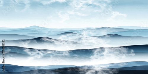 Abstract watercolor depiction of ocean waves in calming blue tones. rolling hills shrouded in fog, soft focus background, overcast sky creating a serene atmosphere.Beautiful seascape with waves.