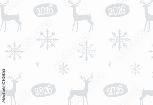 Elegant Winter Wonderland Scene Featuring Silhouetted Reindeer and Stylish Snowflakes in a Dreamy White and Grey Holiday Pattern