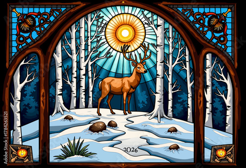 Majestic Deer Standing in Enchanted Snowy Forest Under Radiant Sunlight with Intricate Stained Glass Frame