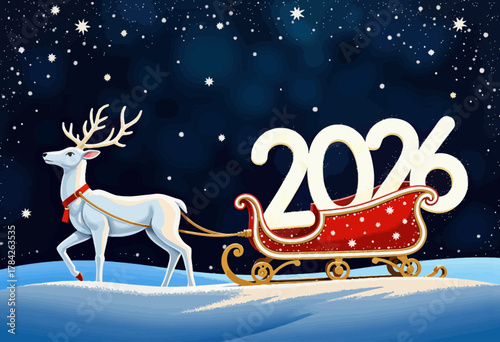 Majestic white reindeer pulling a festive red sleigh carrying the numbers 2026 against a starry night sky, embodying a whimsical and joyful holiday scene