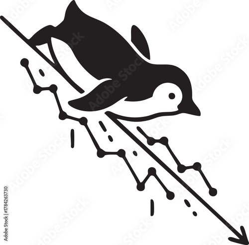 Economic Downturn Concept: Penguin Sliding Down Steep Declining Graph Icon Silhouette